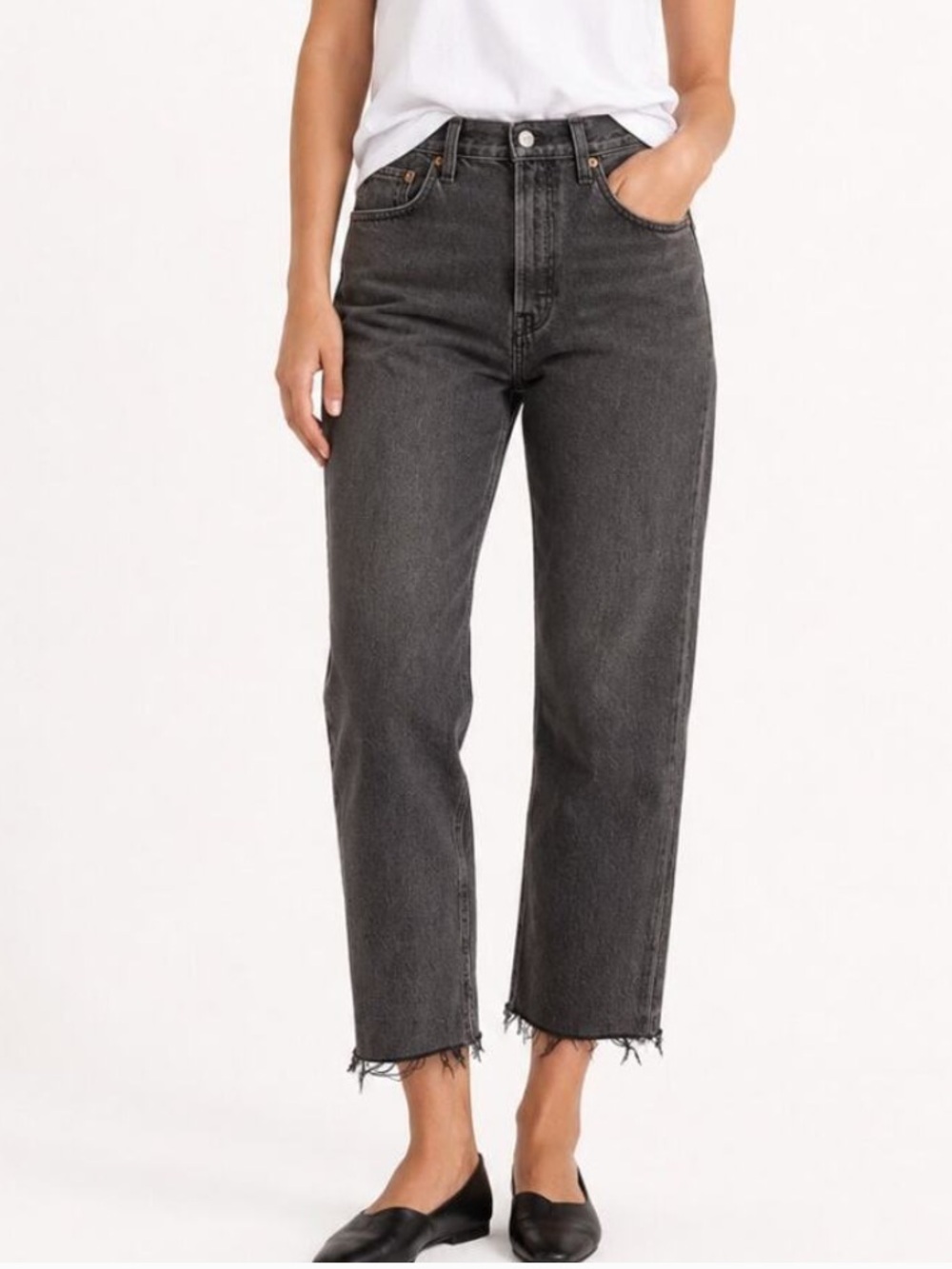 Levi's 501 Black Wash Cropped Straight Jeans with Raw Hem